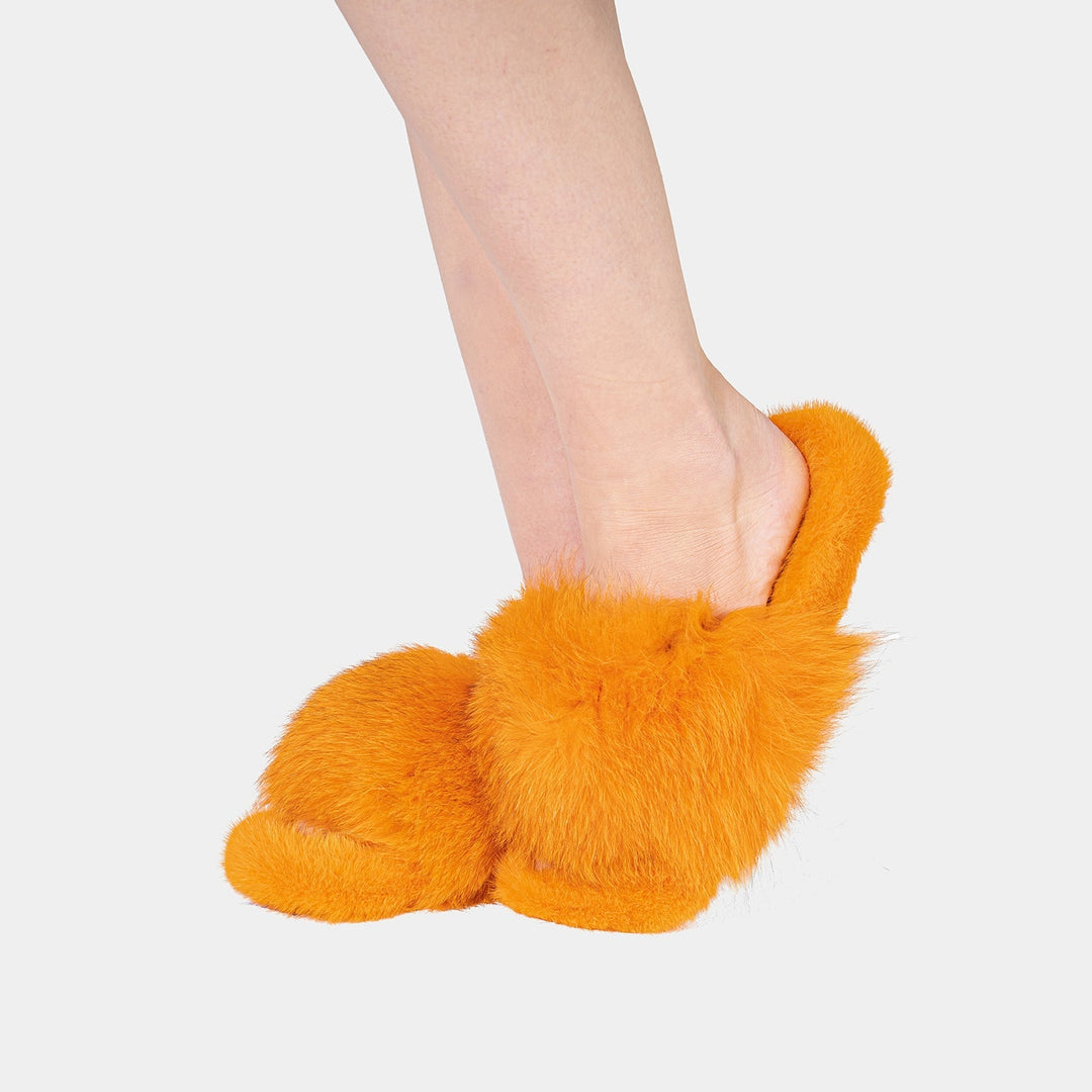 Lussuose pantofole da donna arancioni con pelliccia di volpe e visone, calzature comode per l'inverno.