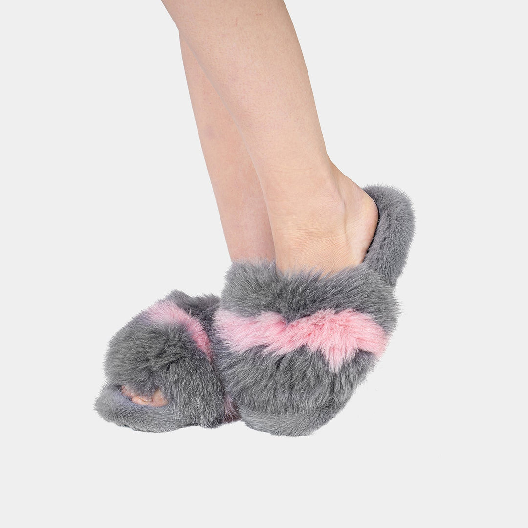 Lussuose pantofole da donna in morbida pelliccia sintetica grigio e rosa, massimo comfort.