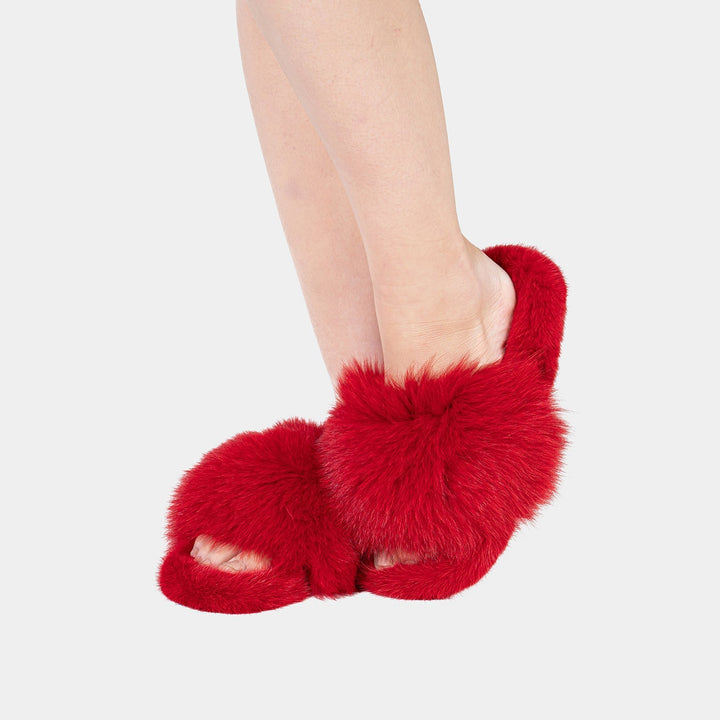 Eleganti pantofole invernali rosse da donna in pelliccia di volpe e visone, per massimo comfort a casa.