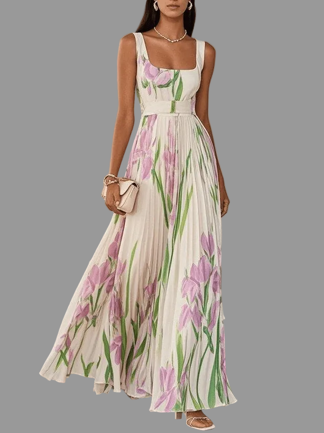 Abito maxi donna elegante senza maniche, perfetto per serate estive e cerimonie.