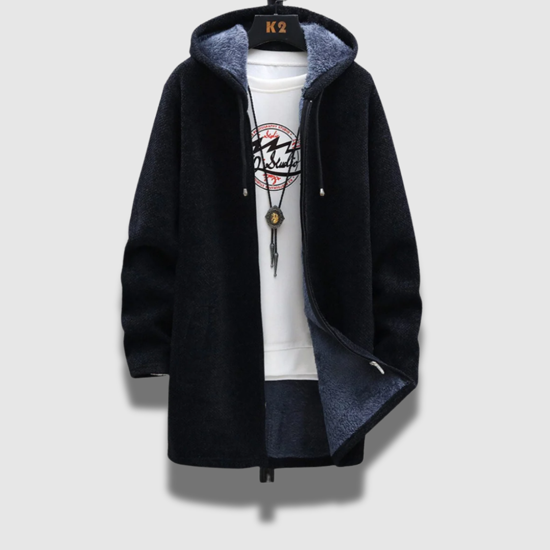 Giacca maschile con cappuccio, design versatile e moda casual per un look confortevole in autunno.