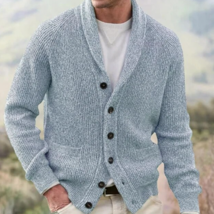 Maglieria uomo: cardigan vintage con bottoni e scollo a V, lavorato. Abbigliamento moda uomo versatile e comfy.