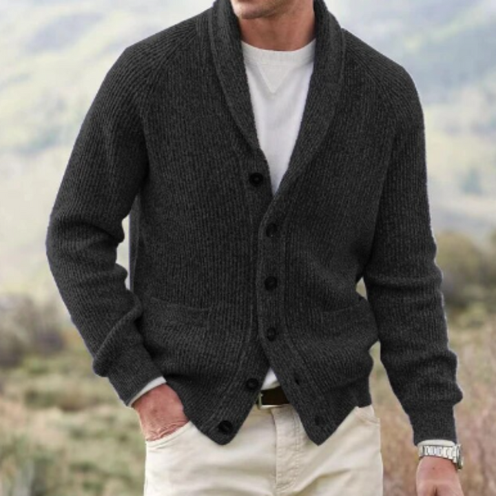 Cardigan uomo vintage con bottoni, scollo a V lavorato a maglia. Perfetto per look casual chic autunno/inverno.