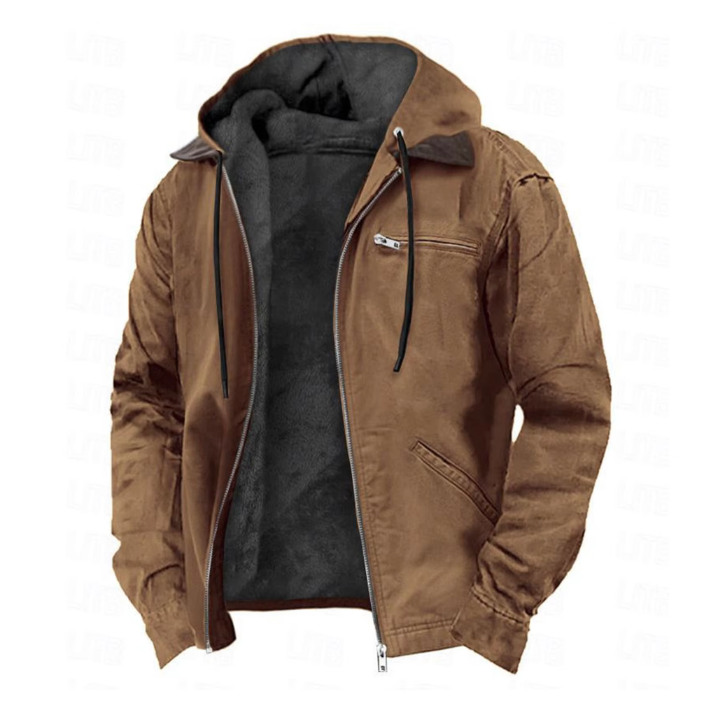Giacca uomo autunnale classica con cappuccio, stile bomber, tasche multiple per comfort e funzionalità.