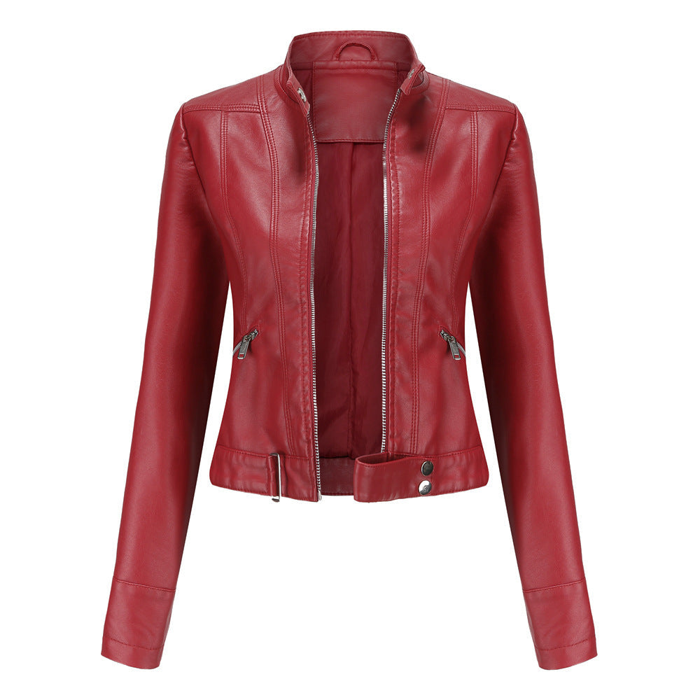 Giacca biker donna in similpelle con collo alto, zip frontale e tasche, disponibile in nero, marrone, lavanda.