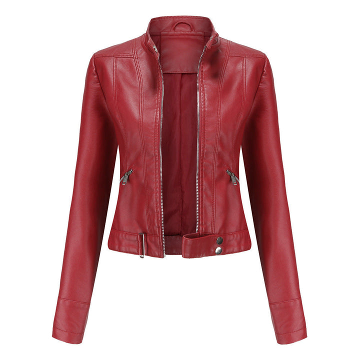 Giacca biker donna in similpelle con collo alto, zip frontale e tasche, disponibile in nero, marrone, lavanda.