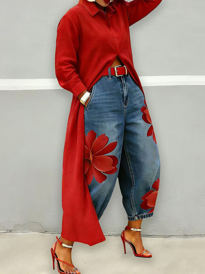 Jeans donna floreali a gamba ampia rossi, vita alta, perfetti per un outfit casual chic e comodo.