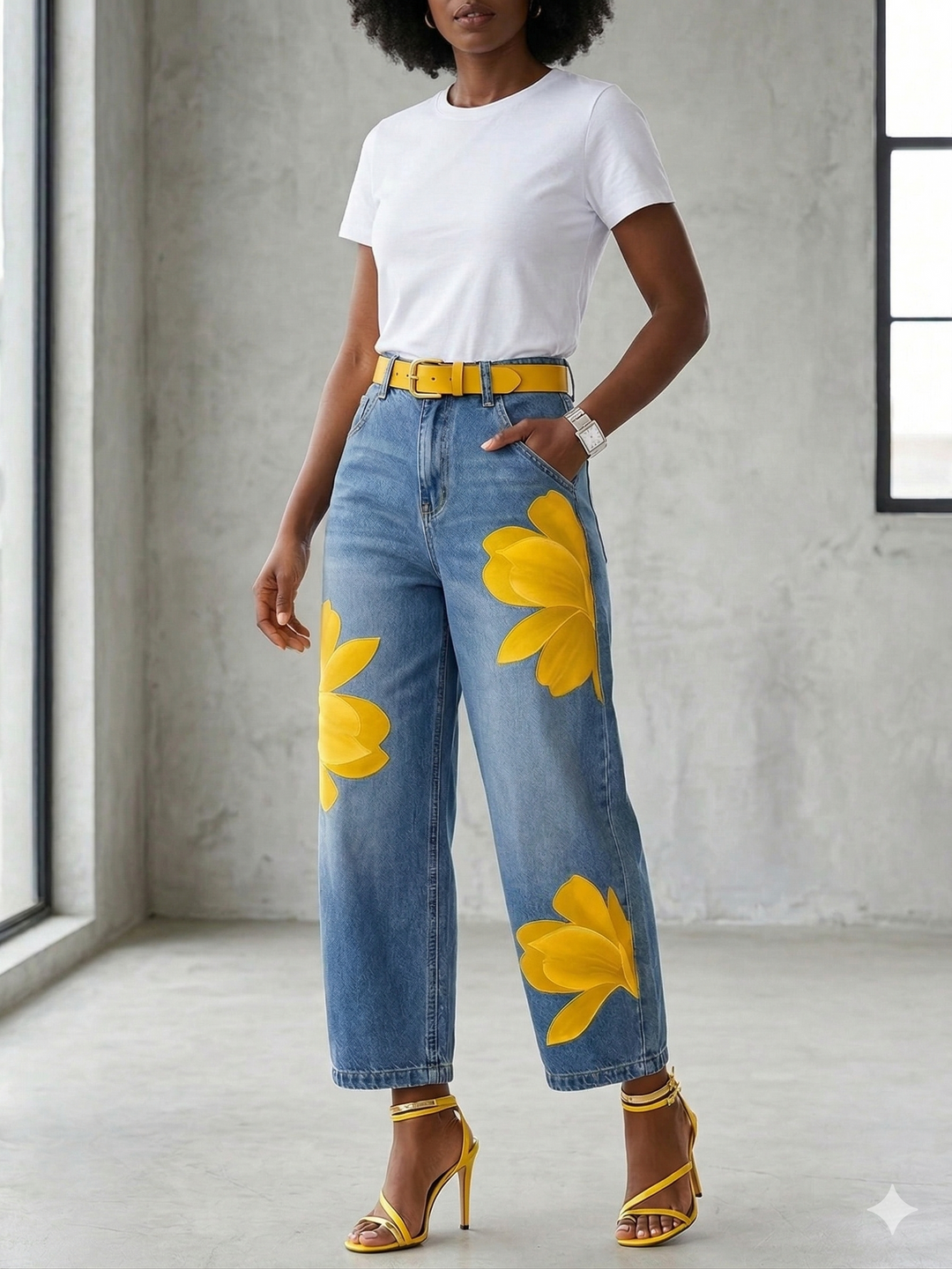 Jeans donna rossi floreali a gamba ampia, un design unico per l'estate, comodi e stilosi.