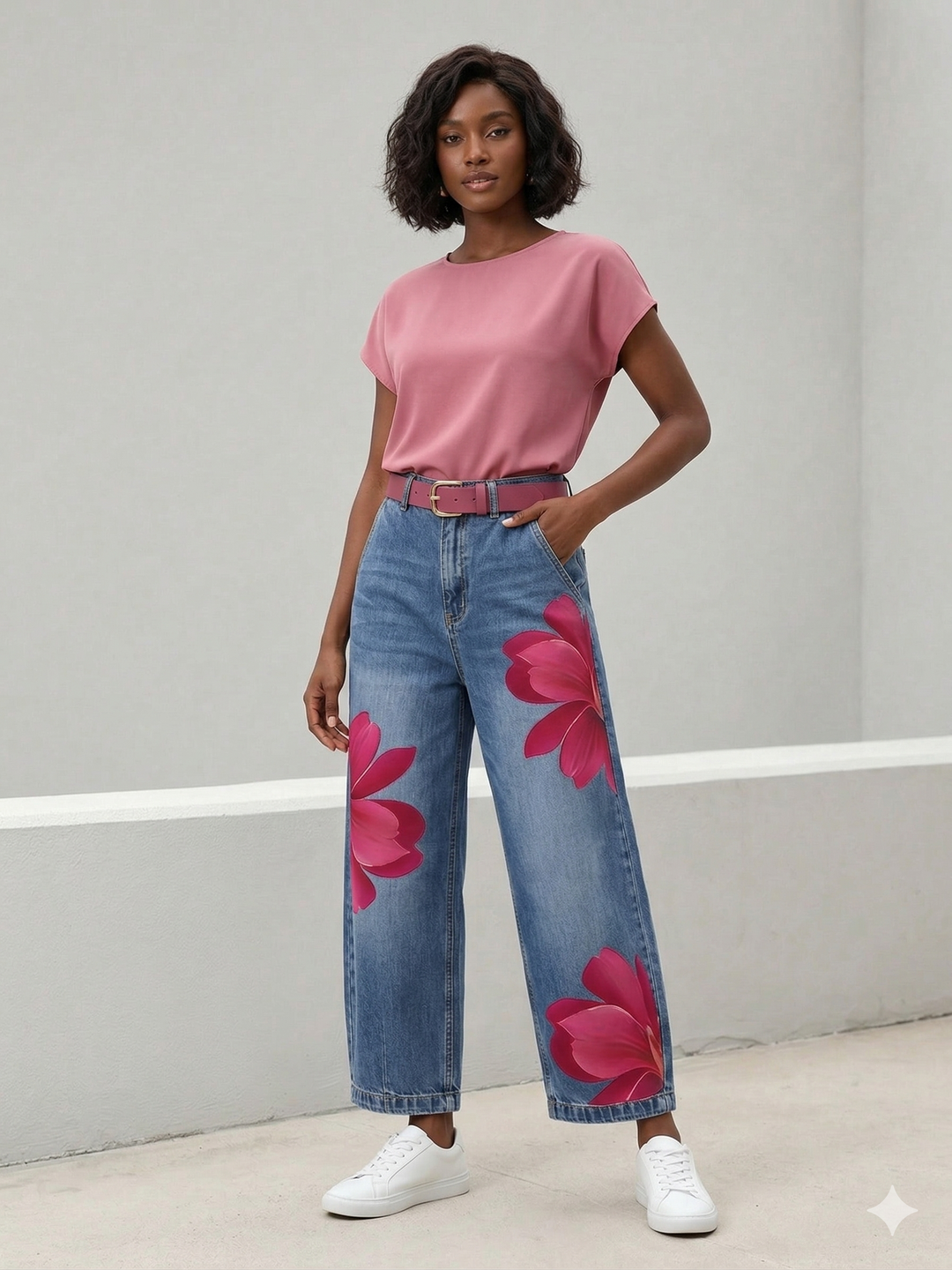 Jeans donna gialli a vita alta con stampa floreale, ideali per un outfit fresco e alla moda.