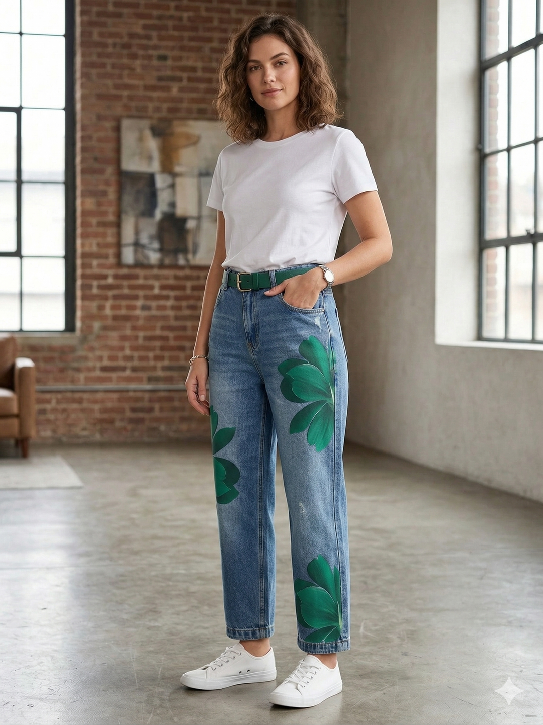 Pantaloni jeans rosa floreali, gamba ampia e vita alta, perfetti per la primavera/estate.