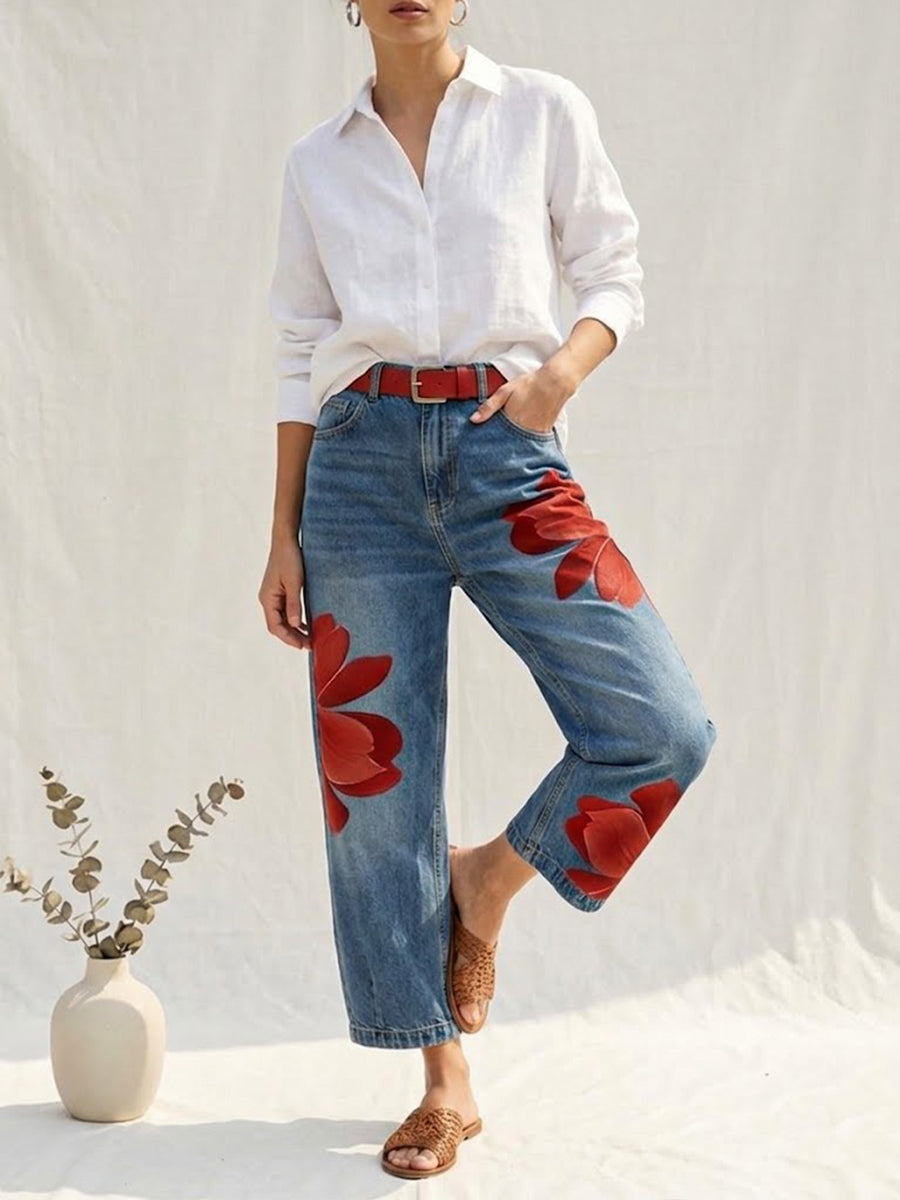 Jeans verdi donna floreali a gamba ampia, con design unico e vestibilità comoda.