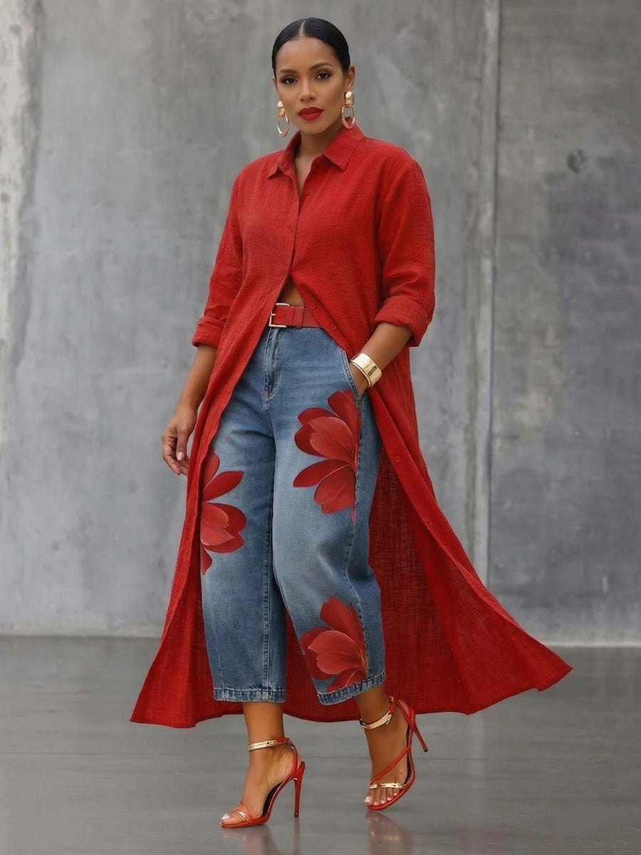 Jeans donna floreali per primavera/estate, gamba ampia, vita alta, disponibili in vari colori.