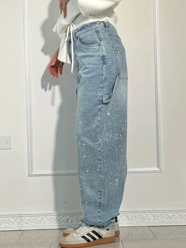 Jeans donna balloon neri, gamba ampia e scintillante, per un outfit di tendenza.