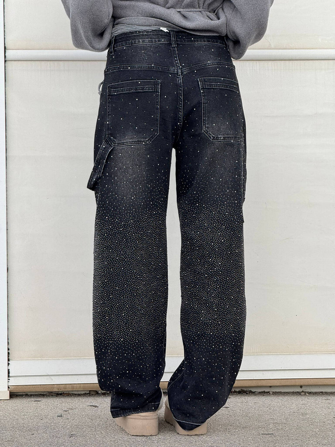 Pantaloni jeans a gamba larga da donna, stile balloon con brillanti strass, moda casual.