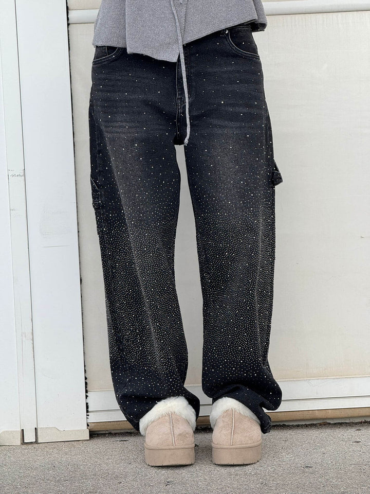 Tessuto denim: jeans donna balloon neri, gamba ampia con applicazioni luminose.