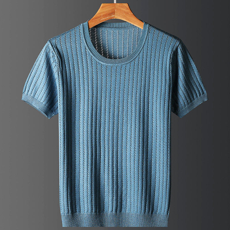 Elegante maglietta uomo a girocollo e manica corta, tessuto elasticizzato anti-piega, perfetta per abbigliamento casual versatile.