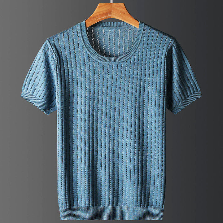 Elegante maglietta uomo a girocollo e manica corta, tessuto elasticizzato anti-piega, perfetta per abbigliamento casual versatile.