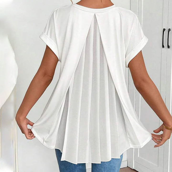 Maglietta patchwork donna unisex, versatile ed elegante, maniche corte, scollo a V, moda estiva confortevole.