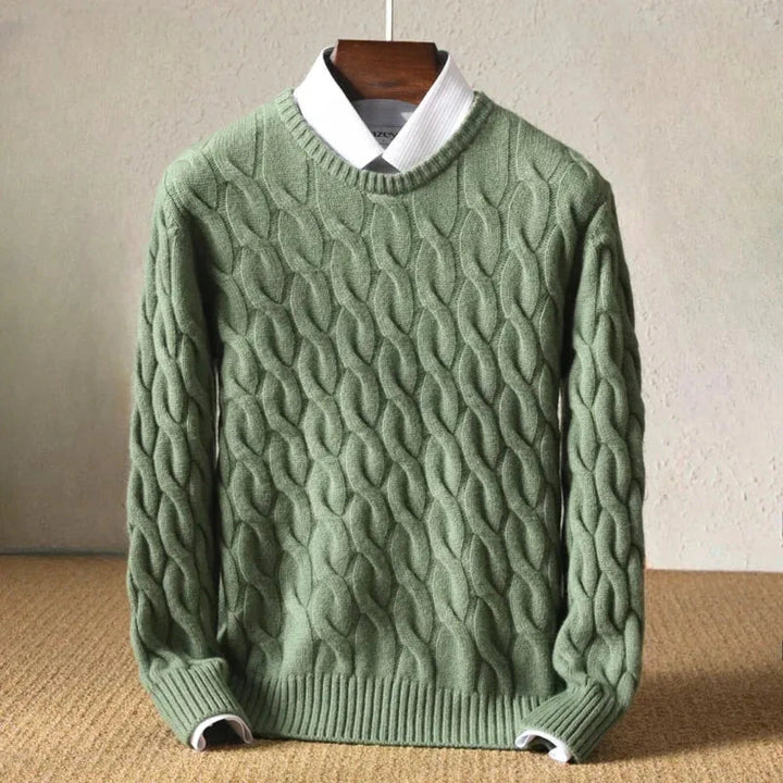 Maglione uomo elegante invernale verde oliva con scollo rotondo, perfetto per la moda maschile classica.