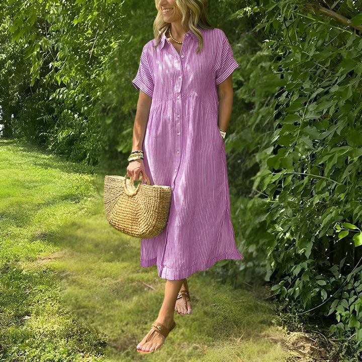 Abito midi a righe per donna, disponibile anche taglie forti, comodo e chic per ogni stagione.
