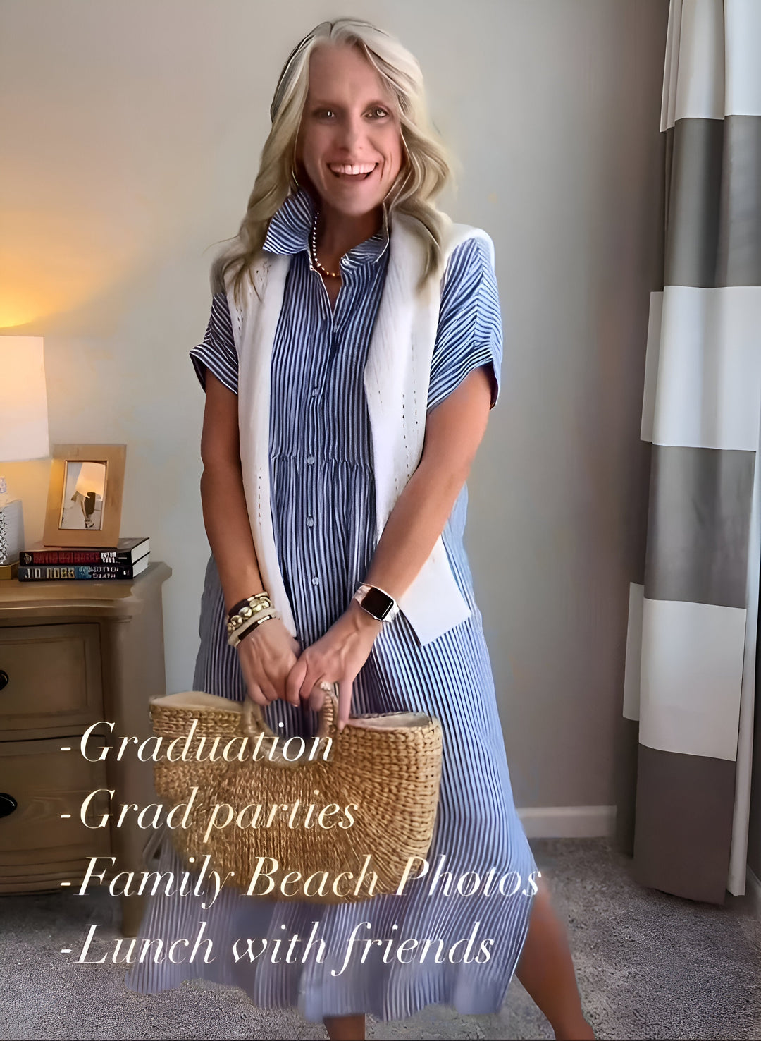 Abito midi a righe da donna in stile estivo, fresco e alla moda, perfetto per un look quotidiano chic.