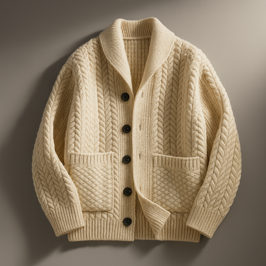 Cardigan uomo elegante con bottoni e tasche, ideale per comfort e stile autunnale/invernale.