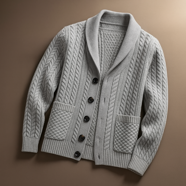 Cardigan uomo comfort autunno-inverno. Morbido maglione con bottoni e tasche per stile casual.