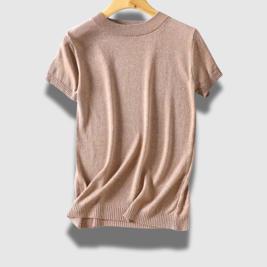 Maglione donna lucido leggero, maniche corte, girocollo, aggiunge un tocco di brillantezza al tuo outfit.