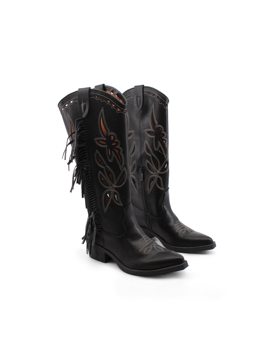 Stivali texani neri da donna con frange e tacco 4,5 cm, perfetti per un look western di tendenza.