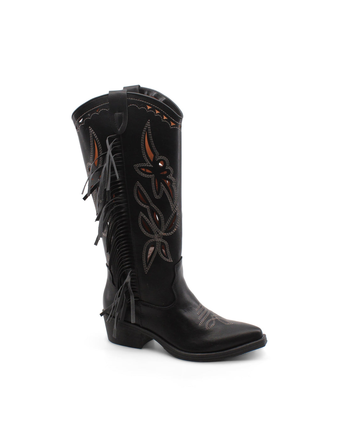 Stivali donna neri texani con frange laterali e tacco 4,5 cm, ideali per outfit moda e casual.