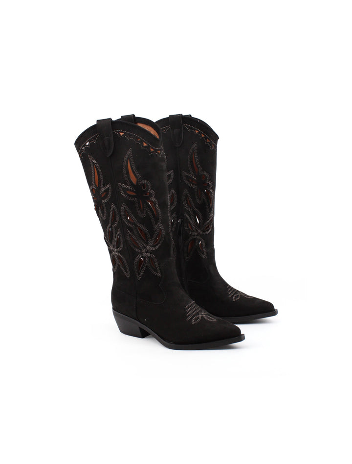 Stivali texani neri traforati da donna con tacco alto e plateau, perfetti per un look autunnale elegante.