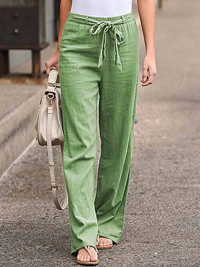 Pantaloni vita alta da donna con laccio, silhouette a gamba ampia, per un look estivo moderno e confortevole.