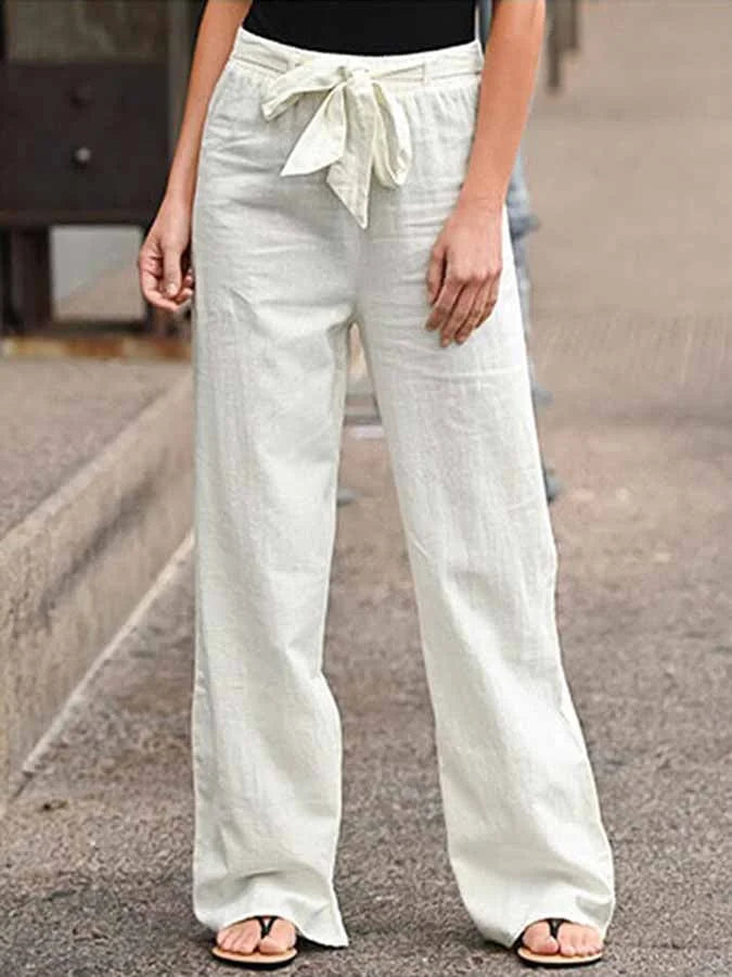 Pantaloni estivi donna a vita alta con laccio regolabile, gamba ampia per look casual e confortevole.