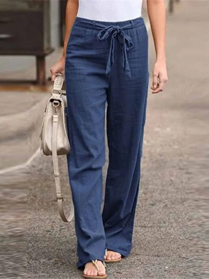 Pantaloni femminili estivi a vita alta con laccio, gamba ampia, ideali per seguire la moda estiva con stile.