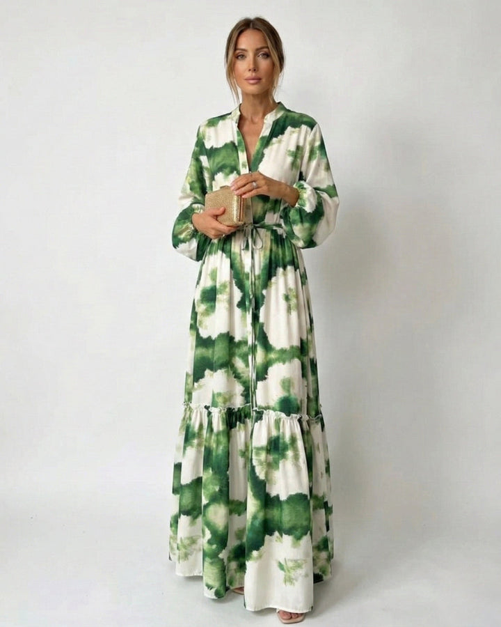 Abito lungo elegante donna verde con scollo a V e maniche lunghe, vestibilità fluida, perfetto per cerimonie estive.