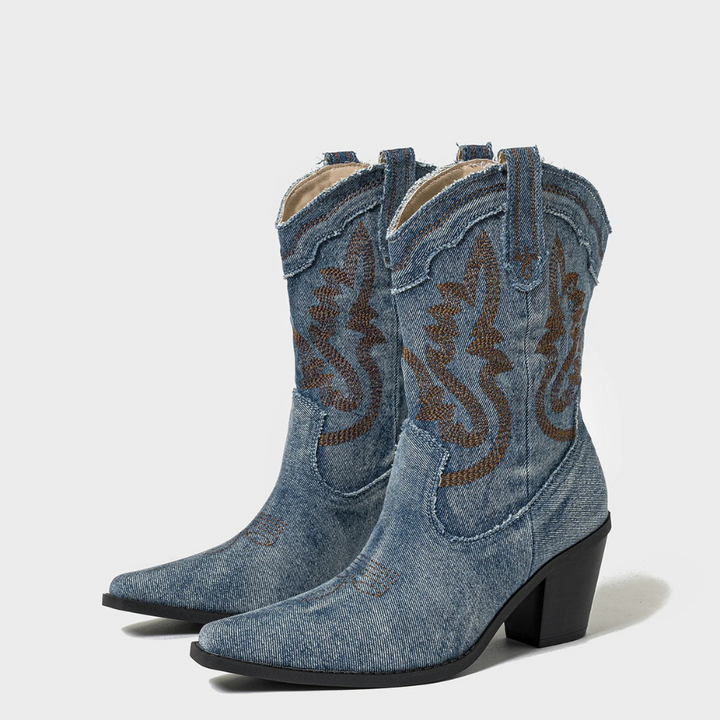 Stivaletti western ricamati da donna, tacco medio, scarpe autunnali moda cowboy chic comode.