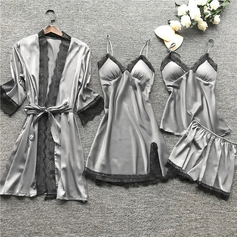 Pantaloni lunghi satinati da donna del set pigiama, con bordi in pizzo per comfort ed eleganza notturna.