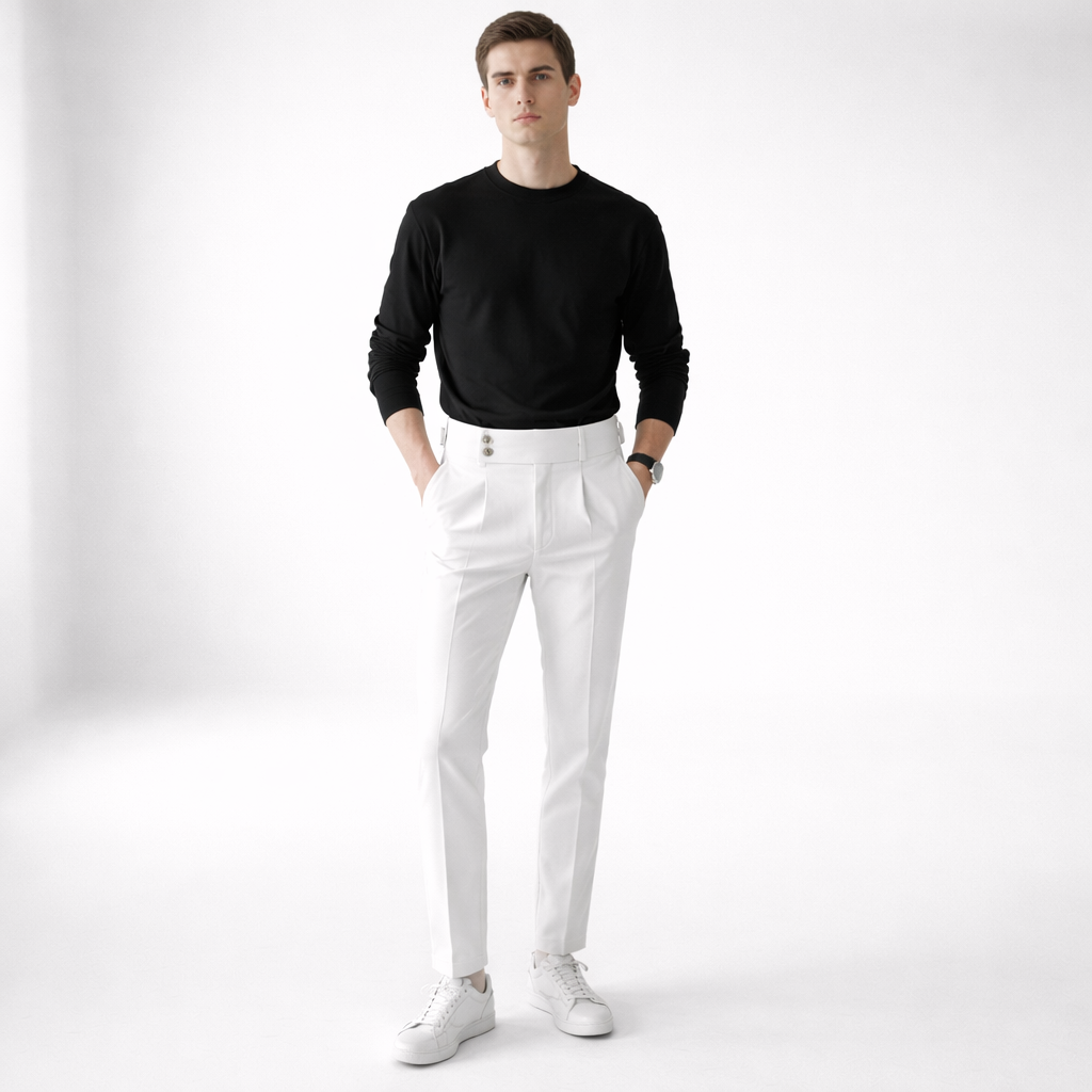 Pantaloni dritti classici uomo a vita alta. Ottimi per ufficio, business e stile casual chic.