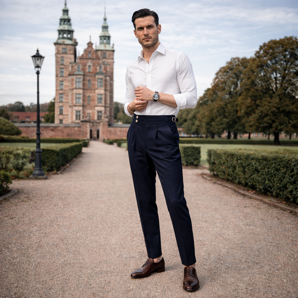 Abbigliamento uomo: pantaloni formali a vita alta, gamba dritta. Perfetti per l'ufficio, eleganti.