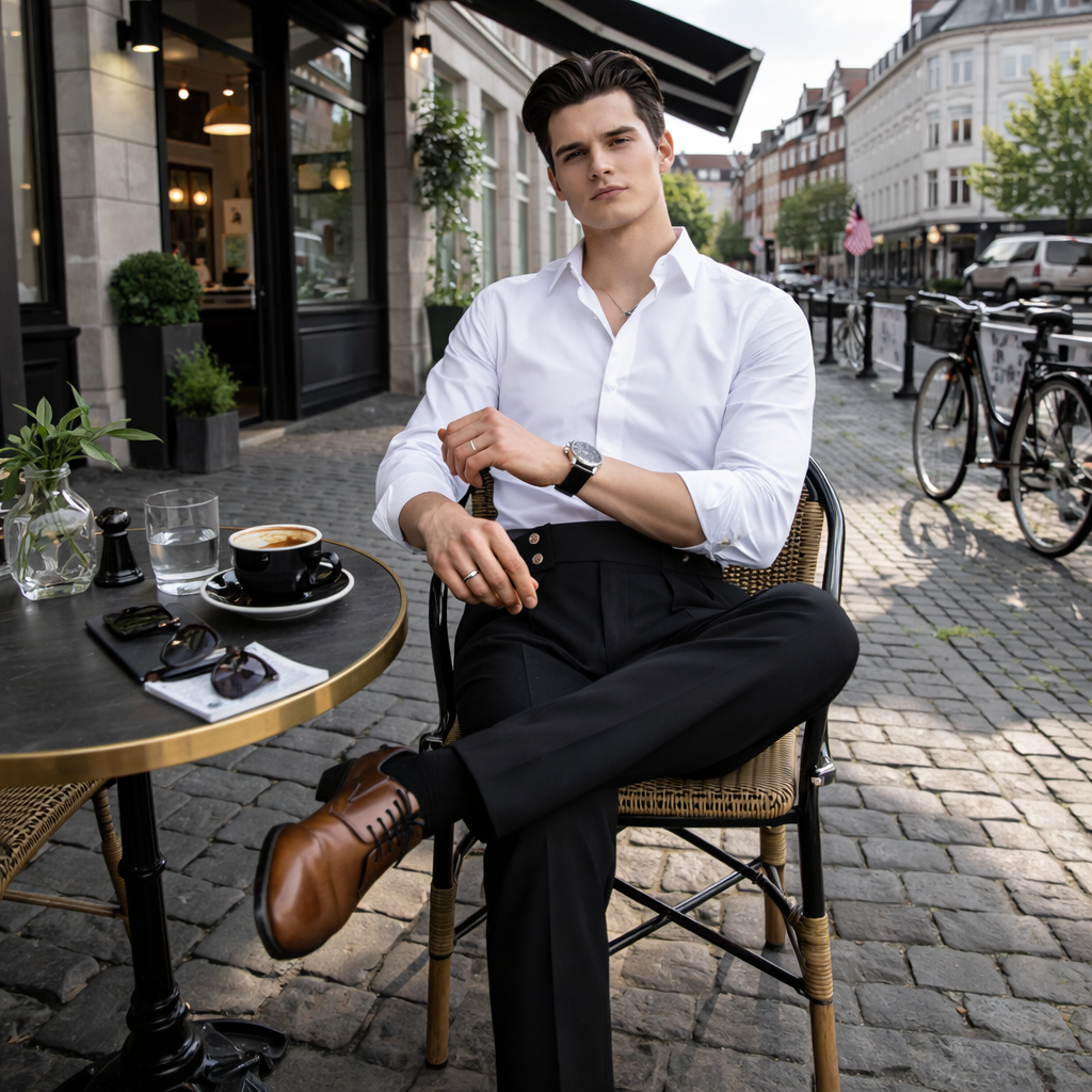 Pantaloni uomo vita alta, gamba dritta classici. Perfetti per business e ufficio, comfort superiore.
