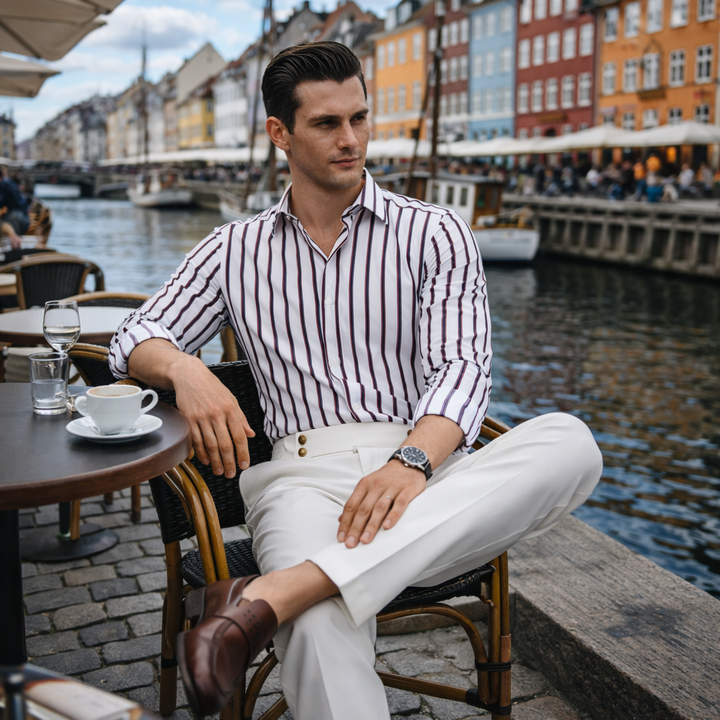 Eleganti pantaloni dritti da uomo a vita alta. Ideali per look formali e casual chic in ufficio.