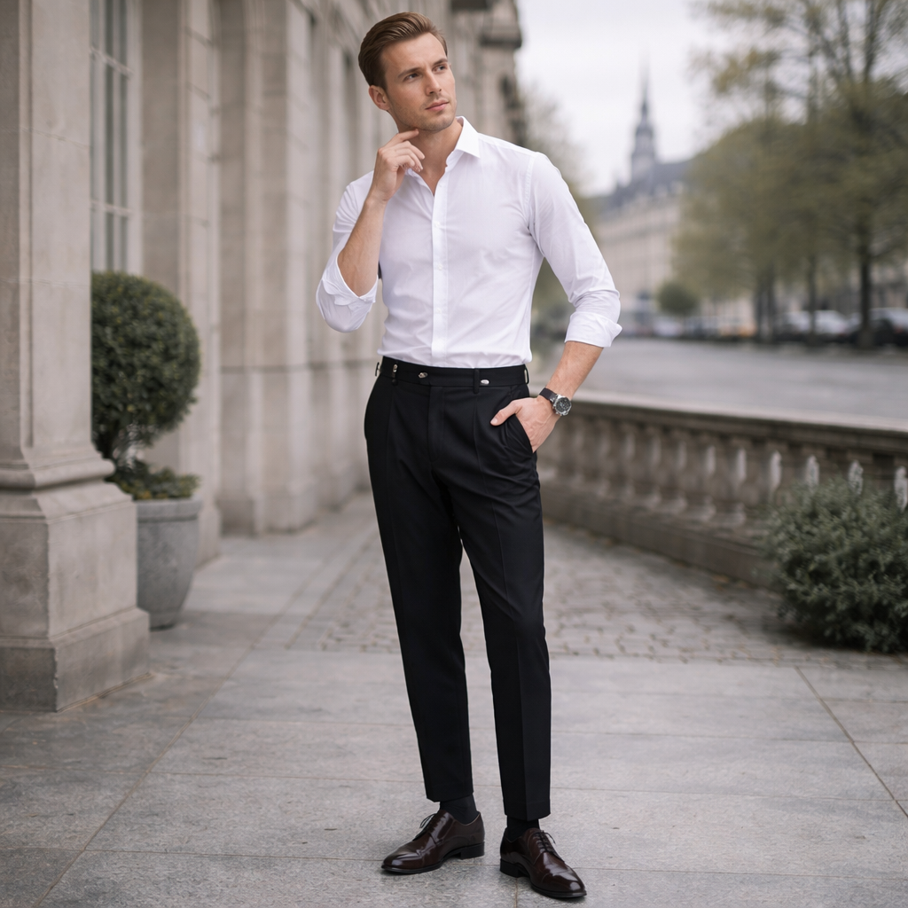 Pantaloni dritti uomo a vita alta per look business. Stile classico e massimo comfort, vestibilità regolare.