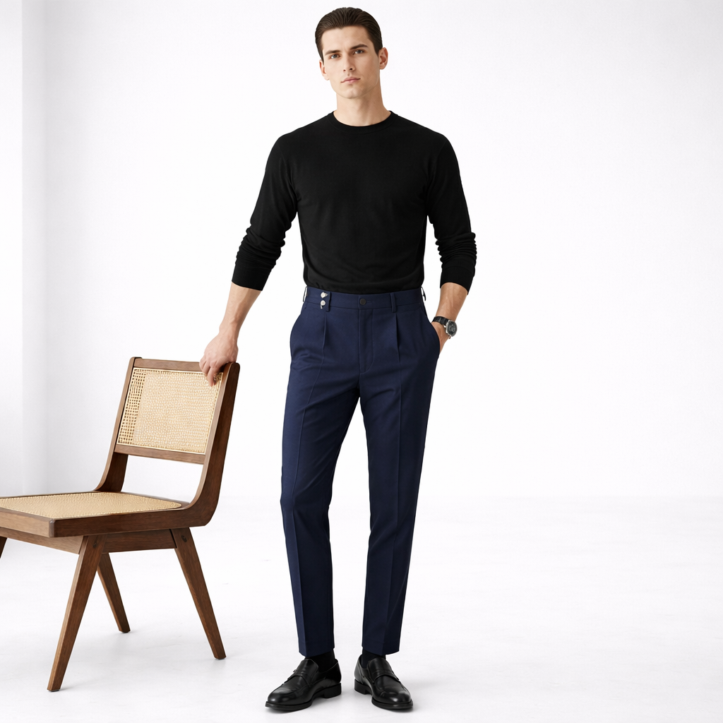 Eleganti pantaloni uomo vita alta, gamba dritta. Per un look business sofisticato, comfort assicurato.