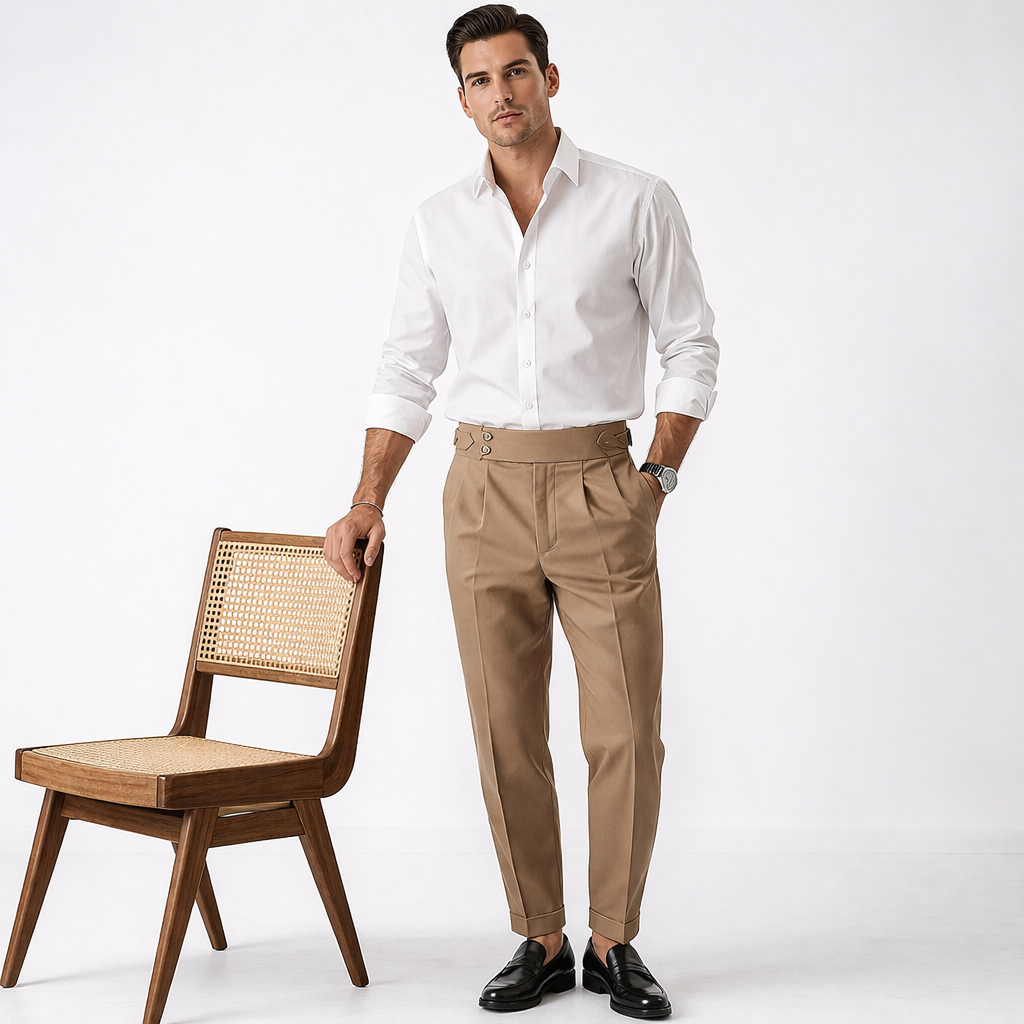 Pantaloni classici uomo vita alta, gamba dritta. Ideali per outfit eleganti, business o ufficio.