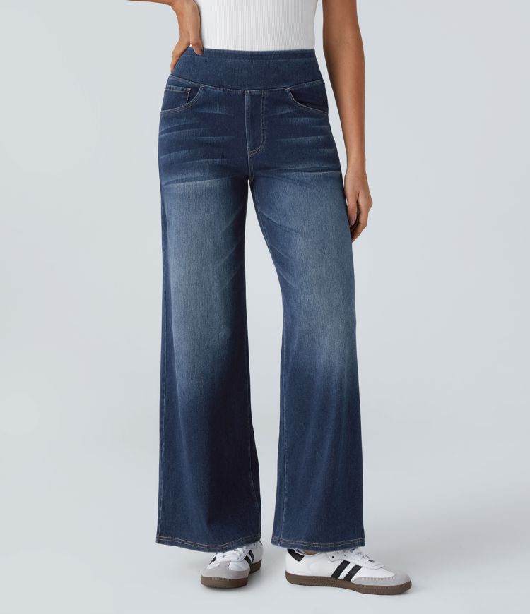 Jeans larghi elasticizzati da uomo, stile moderno con dettagli usurati.