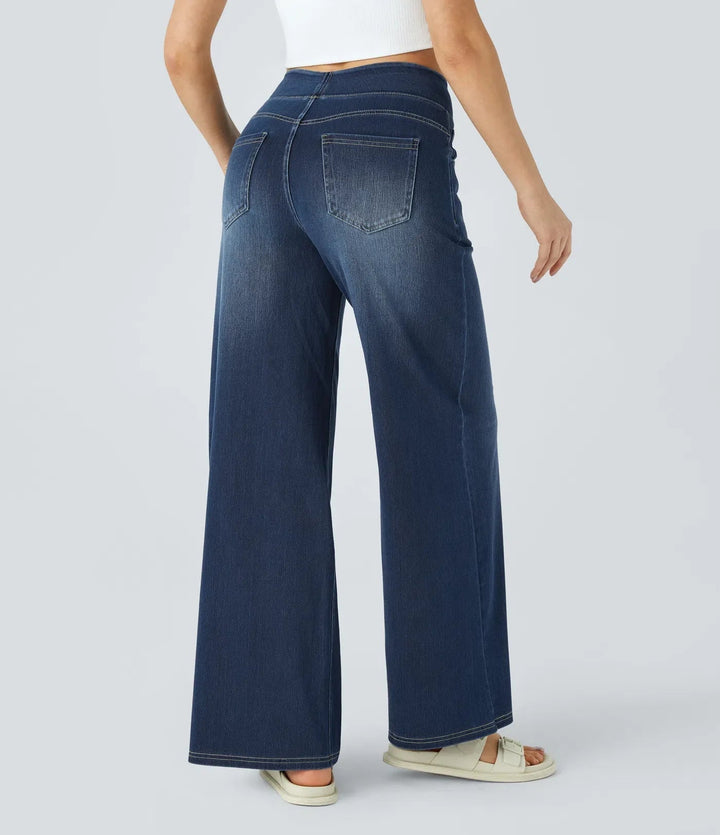 Jeans distressed uomo, gamba larga, stile moderno e casual, con elasticità.