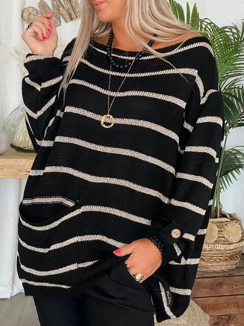 Maglione donna a righe oversize per comfort quotidiano. Stile casual e moda autunnale, perfetto per un look versatile.