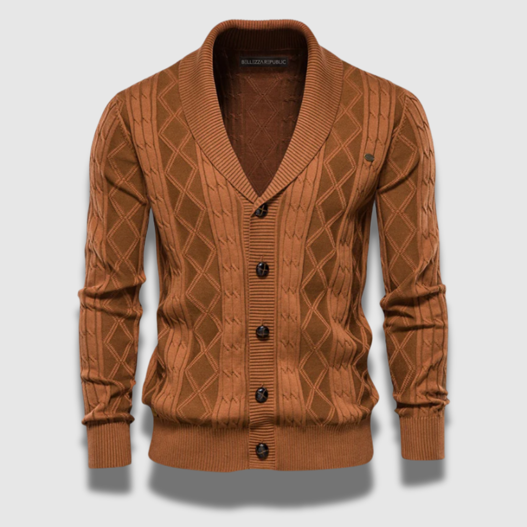 Morbido cardigan uomo casual con pattern geometrico, ideale per comfort e moda autunnale.