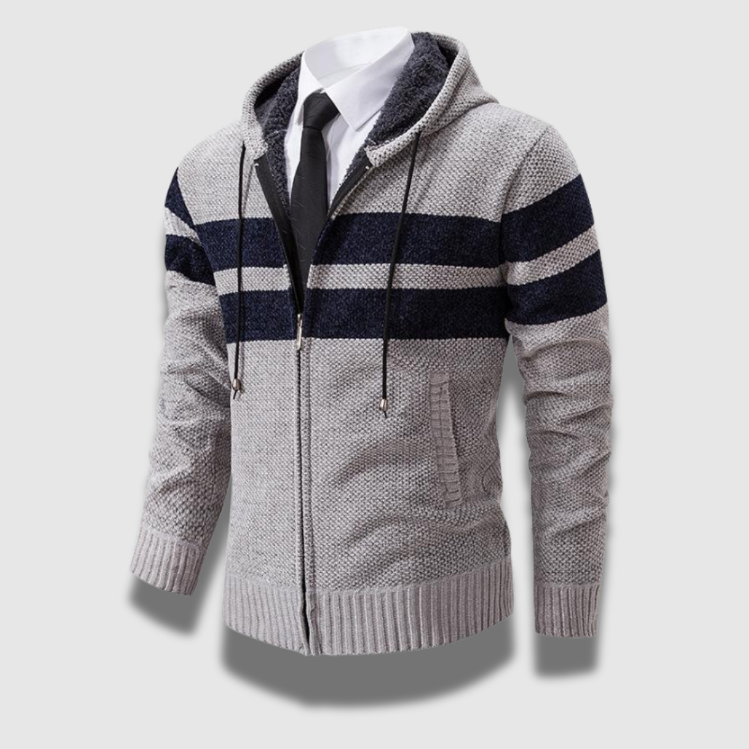Giacca uomo casual con cappuccio e motivo a righe. Look vintage per la moda maschile.