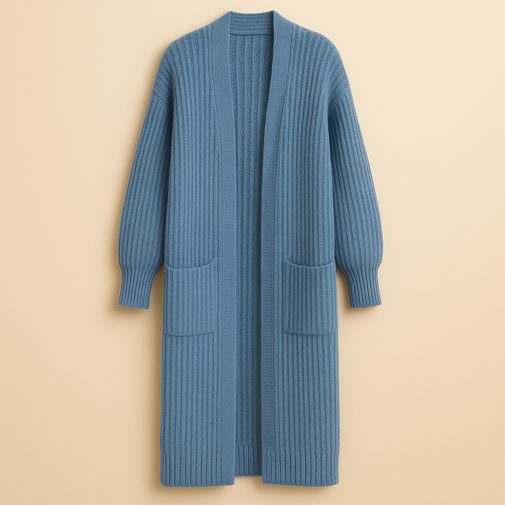 Cardigan lungo donna oversize aperto, capo invernale alla moda. Design confortevole per layering casual ed elegante.